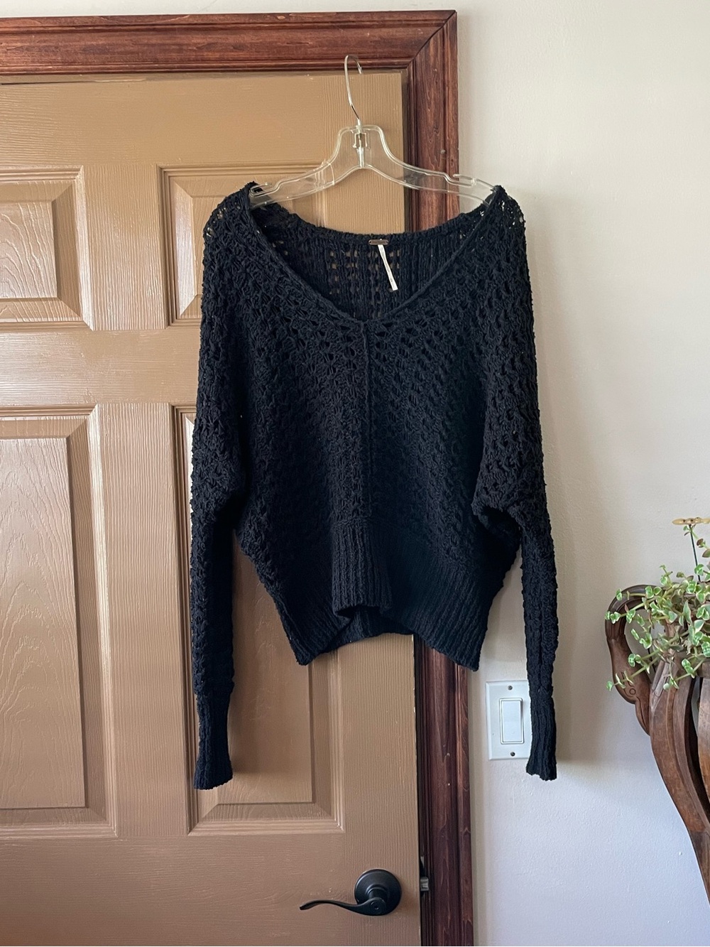 Free People Black Open Knit V-Neck Sweater
